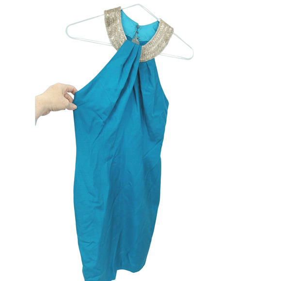 A.J. Bari Beaded Collar Silk Haltered Formal Blue Dress Size 8 - Picture 1 of 10